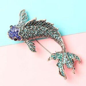 Beautiful Blue Koi Fish Brooch Pin Sparkly Gemstones Really Nice !!